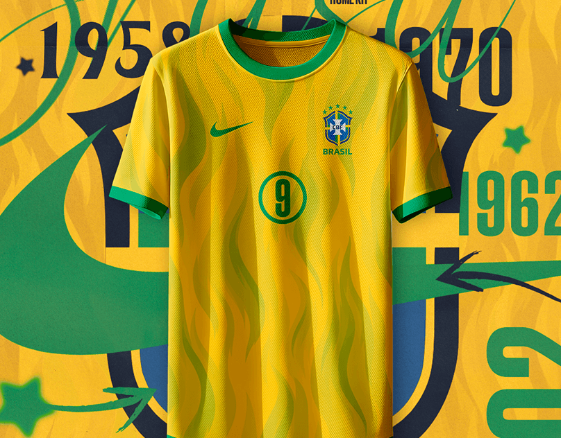 Camisa amarela da Seleção Brasileira criada por Matheus Vieira, sobre composição verde e amarela